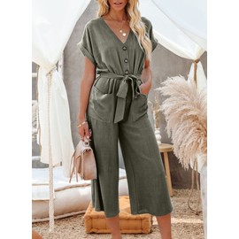 Acelitt Womens Fashion 2024 Casual Summer V Neck Short Sleeve Button High Waist Belted Wide Leg Jumpsuits Green XL