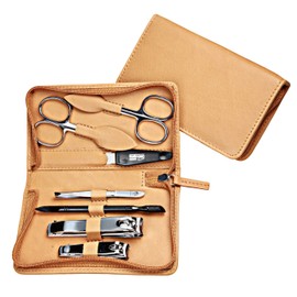 Hans Kniebes Manicure Set 7-Piece Sand Beige - Professional Nail Care & Pedicure Set for Men and Women - Stainless Steel Nail Scissors, Nail Clippers & Tweezers - Genuine Nappa Leather Case - Travel