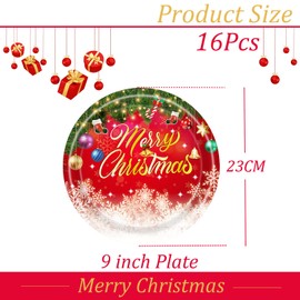 YAAVAAW 16Pcs Christmas Party Paper Plates 23cm,Merry Christmas Tableware Decor Red Snow Xmas Tree Pattern Disposable Paper Plate Xmas Plates for Birthday Christmas Party Supplies Table Decorations