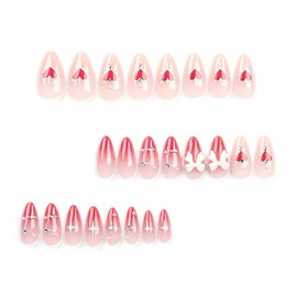Valentine's Day Press on Nails Medium Almond Red Love Heart White Bow Tie False Nails with Design 24Pcs Gradient Artificial Acrylic Nails Full Cover Reusable Coffin Fake Nails Glue on Nails for Women