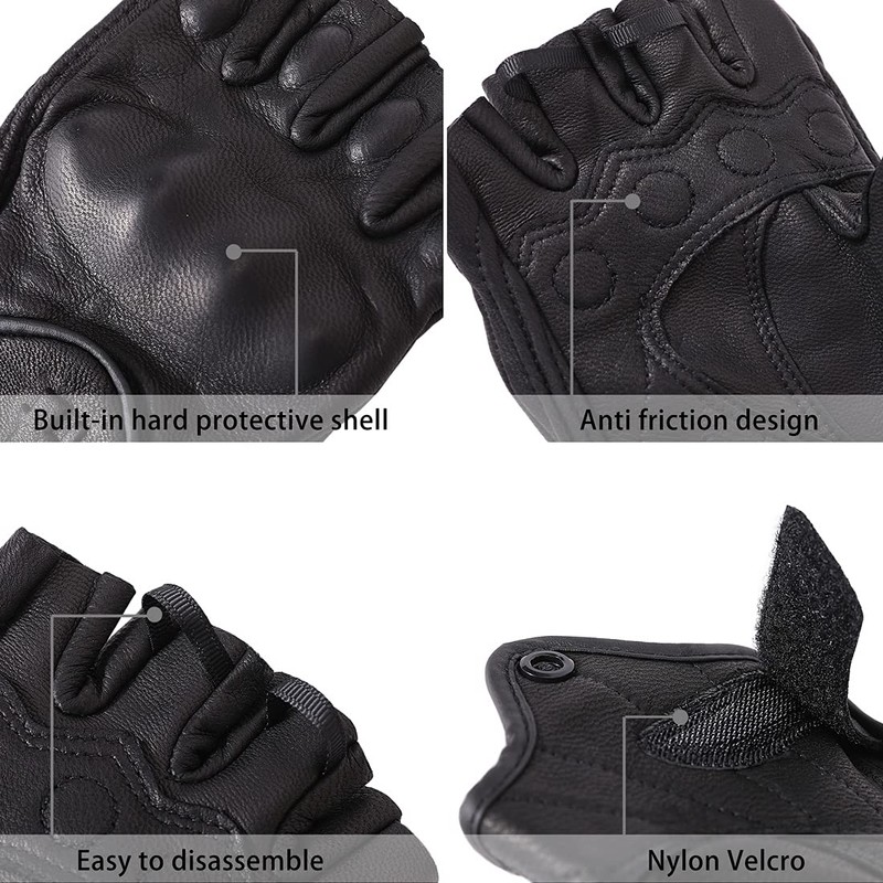 Harssidanzar Mens Gloves Half Finger Goatskin Leather Motorcycle Gloves GM037UK,Black,Size