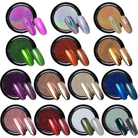 14 Tarros de Polvo de Uñas Cromado, Brillo en Polvo, Shimmer Cromo Pigmento para Uñas, Metálico Efecto Espejo Holográfico con barra de sombra - DIY Na