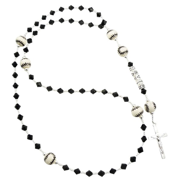 Jet Black Crystal Baseball Rosary for First Communion, Baptism Boys