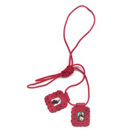Leather Scapular of The Sacred Heart of Jesus, Sacred Virgin of Carmen, Sacred Virgin of Guadalupe & St. Michael Arcangel. Leather Finish Handmade. 2cm x 3cm by Zaraleas (Red)
