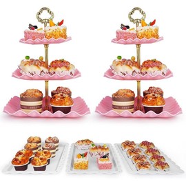 5 count Dessert Table Display Set - 2 count 3-Tier Dessert Display Stands & 3 count Serving Tray - Dessert Trays for  Parties,Birthdays &  Showers - Color: Pink