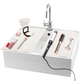 FEATHERED VENTURES Bathroom Sink Cover for Counterspace - 2 Piece Roll up Silicone Beauty Mat, Heat Resistant for hot tools, Sink Topper Bathroom Countertop organization, Travel Bag (Black)