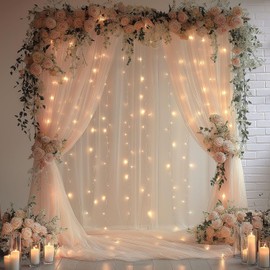 EMHOLDBU Champagne Tulle Backdrop Curtain with Lights String10x8ft Sheer Drapes for Wedding, Birthday, Baby Shower, Bridal Shower, Photo Booth, Party, Home Decor (2 Panels)