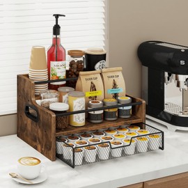 Homode Coffee Syrup Organizer Rack, 3-Tier 8 Bottles Syrup Stand with 35 K Cup Storage Drawer for Coffee Station Bar Accessories, Countertop Wood Liquor Bottle Holder for Wine, Rustic Brown