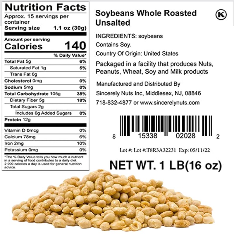 Sincerely Nuts Roasted Soybeans Unsalted (2 LB) Gluten-Free - Vegan