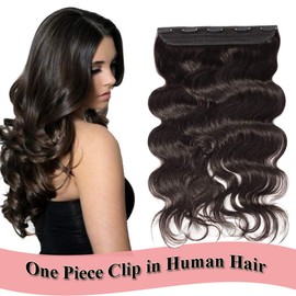 Clip in Human Hair Extensions 22 inch Off Black #1B One Piece 5 Clips Body Wave Thick Soft Human Hair 3/4 Full Head Double Thread Weft (22"=100g, Wavy)