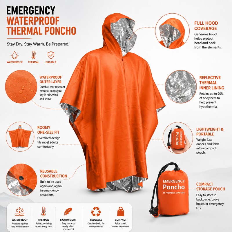 Emergency Rain Poncho for Outdoor Use – Waterproof Thermal Cover