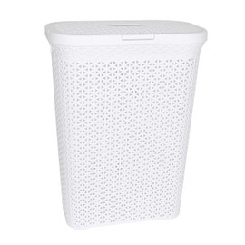 YBM Home Plastic Rattan Laundry Hamper Basket with Hinged Lid, Ventilation Holes, Durable, Lightweight Bin With Cutout Handles, Storage Dirty Clothes, Space Saver, 10.5" x 17.5" x 23.75", White