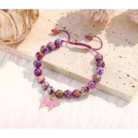 YUCSAWJK 6-18 Birthday Gift Natural Stone Beautiful Purple Butterfly Bracelet for Daughter Granddaughter Niece Teenage Girl Holiday Gift (Girls Birthday)