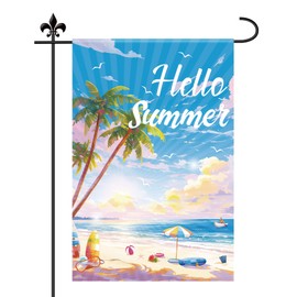 Lyreh Hello Summer Garden Flag, 18x12in Double Side Washable Linen Summer Garden Beach Flag for Outside Coastal Yard Decoration for Party Decoration