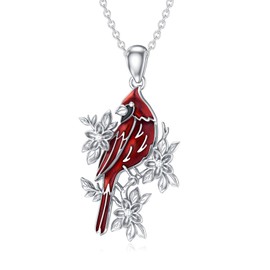 BETHZA Cardinal Necklace 925 Sterling Silver Red Bird Cardinal Flower Pendant with Diamonds Animal Jewelry Gifts for Women Christmas Birthday