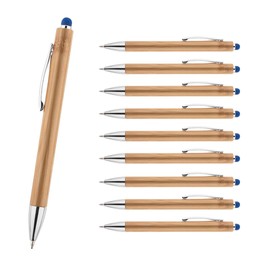 WPRO Bamboo Set of 10 Touchpens Ballpoint Pens Made of Bamboo Blue - Sustainable Blue Pens with Replaceable Refill and Touch Function for Smartphones