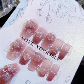 SINHOT Luxury Press on Nails - Medium Coffin Fake Nails 3D Handmade Flower & Pearls Reusable False Nails with Rhinestone Designs,DIY Artificial Nail Art, 24pcs