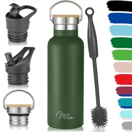 Milu Stainless Steel Drinking Bottle 350 ml 500 ml 750 ml 1000 ml (+ 3 Lids) - Thermos Bottle with Straw, Insulated Water Bottle, Leak-Proof Insulated Flask, Double-Walled (Olive Green, 500 ml)