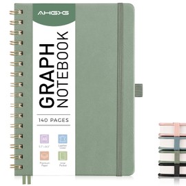 AHGXG Graph Paper Notebook - Spiral Notebook Hardcover Leather Journal 140 Pages, A5 Grid Paper Notebook 5.7" x 8.3", 100 GSM Thick Paper, for School Writing Graphing Engineering, Sage Green