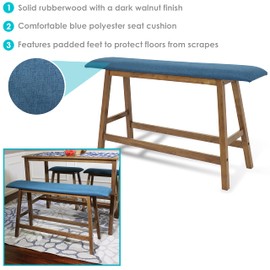 Sunnydaze Counter-Height Solid Rubberwood Backless Dining Bench - Weathered Oak Finish with Blue Cushion