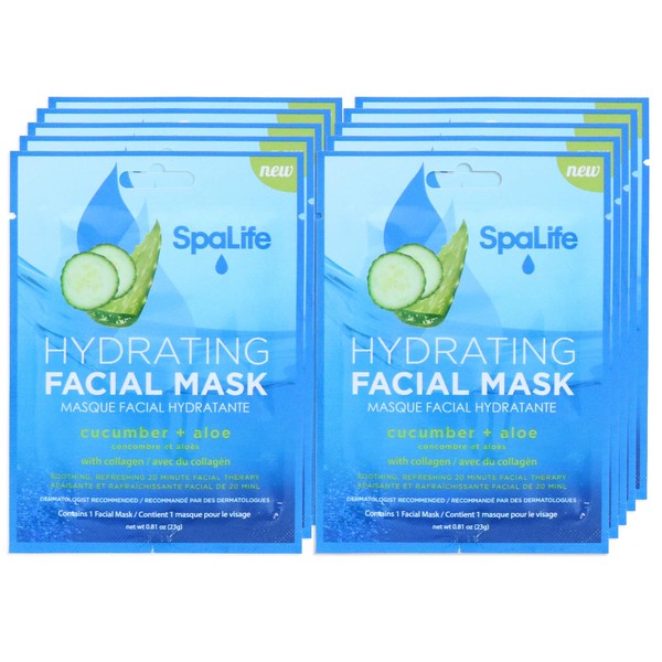 SpaLife Hydrating, Purifying, Anti-Aging, Detoxifying and Soothing Korean Facial Masks - 10 Masks - (Cucumber + Aloe)