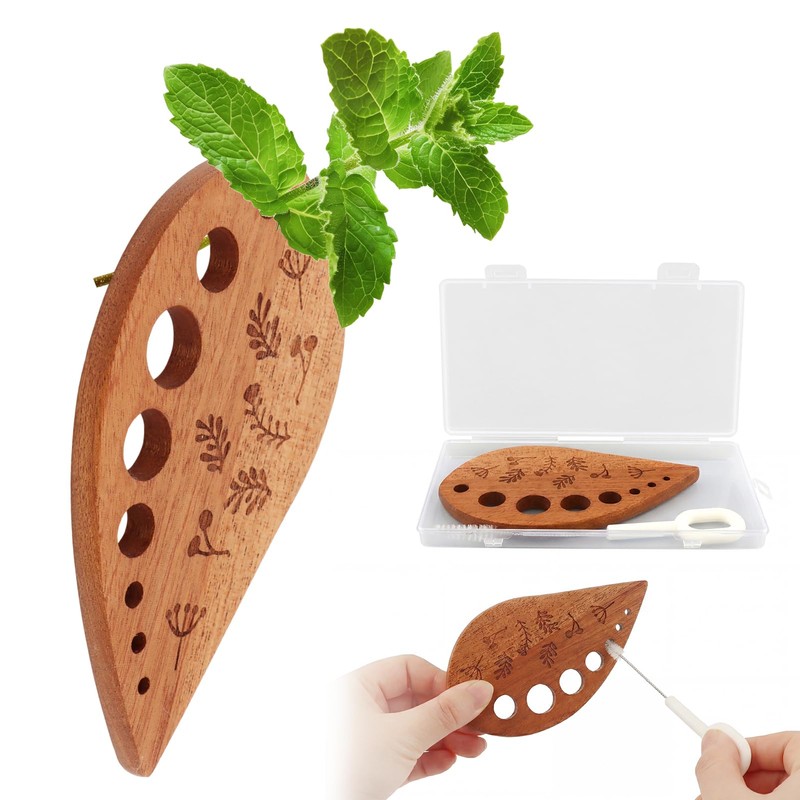 Wooden Herb Stripper Tool 8-Hole Leaf Separator with Cleaning Brush