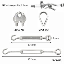 Turnbuckle Set M5 Turnbuckle Adjustable Bow Clamp Wire Tensioner Turnbuckle Wire Rope Clamp M5 Stainless Steel Cable Clamp Rope Tensioner Turnbuckle with Wire Rope Thimble, 6 Pieces