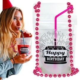 NeckSip Happy Birthday Wearable Drink Pouches (12oz, 2pk, Beads Magenta) For Party Celebrations, Birthday Decorations, Memorable Gifts, and Creative Party Favors