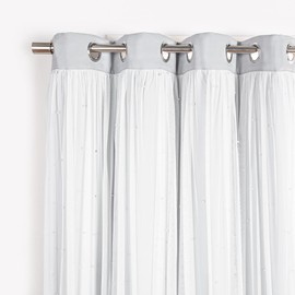 Best Home Fashion Pearl Beaded Lace Overlay Blackout Curtain Set, Double Layer Silver Grommet Thermal Insulated Window Panels for Bedroom, Living Room, Dining Room- 52" W x 84" L, LTGREY