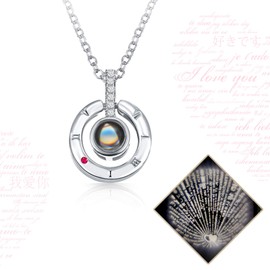 I Love You Necklace 100 Languages Projection Pendant Necklace with Red Rose Package Box Round Crystal Pendant Loving Memory Collarbone Necklace with Rose Jewelry for Valentine's Day (Silver)