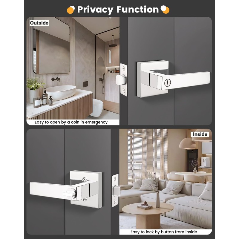 Gobrico Polished Chrome Bed/Bath Levers Square Privacy Locks 5 Pack