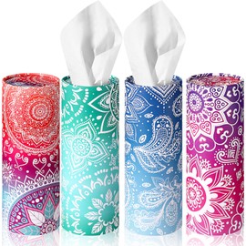 4 Pcs Car Tissues Boxes Travel Cylinder Tissue Boxes 7 x 2.6 Inch Large Capacity Car Tissues Cylinder Holder Hawaiian Floral Animal Round Tissue Box for Car Cup Holder Home Bathroom (Mandala Style)