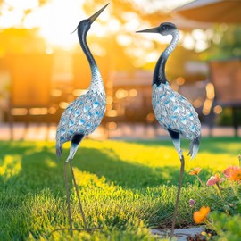 HONGLAND Garden Crane Statues Blue Heron Sculptures for Outdoor Metal Large Birds Lawn Ornaments for Yard Patio Porch Outside Decorations,Set of 2