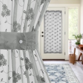Lazzzy French Door Curtains with 1 Tieback Floral Embroidery French Door Sheer Curtain Panel 72 inch 1 Piece Grey