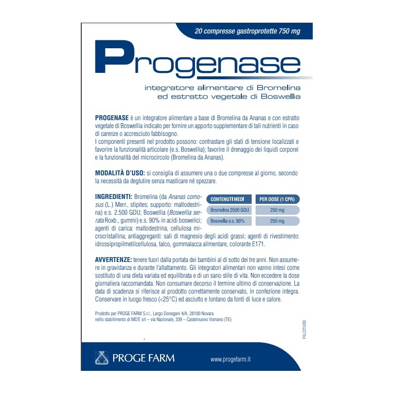 PROGE FARM Progenase 20 compresse - Integratore Alimentare di Bromelina