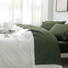 BDEAR 6PCS Linen Feel Sheet Set King Size 100% Washed Cotton Olive Green Bedding Set Cover 1PC Minimalism Flat Sheet and 1PC Fitted Plain Sheet and 4 Pillowcases, 102" x 90"