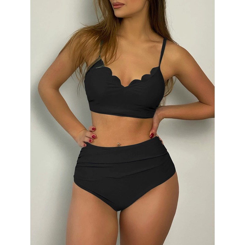 ZAFUL Women's Scalloped Crisscross Ruched High Waisted Bikini Set Two