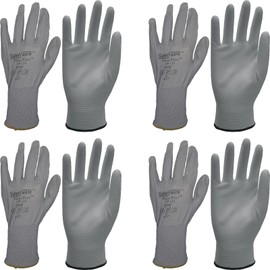 4 Pair Safetyware Flexiplus PU Coated Work Safety Gloves Bulk for Gardening Mechanic Construction General Purpose Driver (Grey, Large)