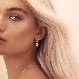 Sterling Silver Dangle Hoop Earrings for Women White Gold Plated Hypoallergenic Trendy Charms Flower Earring Dainty Jewelry with Cubic Zirconia Fashion Birthday Gift for Women