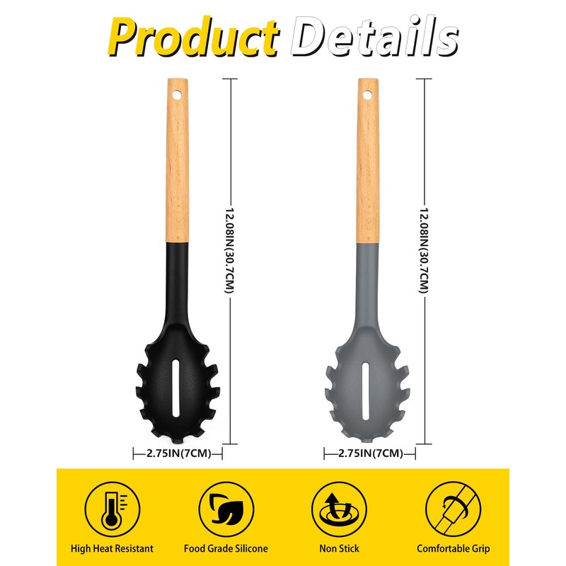 Pack of 2 Spaghetti Spoon, Silicone Pasta Fork with Wooden
