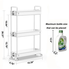 SOLEJAZZ Slim Rolling Storage Cart with Wheels 3 Tier Skinny Bathroom Storage Organizer Thin Laundry Room Utility Cart Space-Saving for Bedside Kitchen Office Small Narrow Places, White