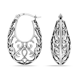 LeCalla 925 Sterling Silver Filigree Hoop Earrings Medium Large Italian Design Antique Oxidized Oval Mesh Filigree Click-Top Hoops Earring for Women - 35MM