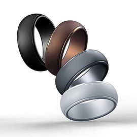 Cabepow Silicone Wedding Ring for Men, 4 Packs & Singles Silicone Rubber Wedding Bands - Step Edge Sleek Design - Metallic, Black and Camo Colors-Size 7