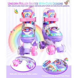Rainbow Unicorn Kids Roller Skates for Girls Boys Toddler Ages 2-4,4-Pejiijar Adjustable Roller Shoes with Luminous Wheels for Birthday Xmas Gifts.