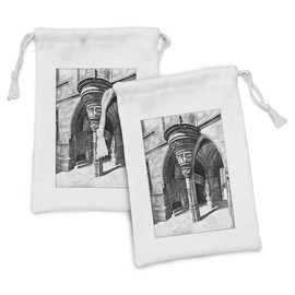 Lunarable Gothic Fabric Pouch Set of 2, Old Sketch of Antique Medieval European Arch in Paris Culture Heritage Vintage Art, Small Drawstring Bag for Toiletries Masks and Favors, 9" x 6", Black White