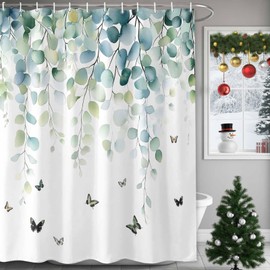 Small Stall Shower Curtain 36x78 Inch Narrow Half Size Blue Green Eucalyptus Bath Curtains Bathroom Decor, Sage Gradient Leaves Butterfly Waterproof Fabric Shower Curtain Set with Hooks 36 Inch