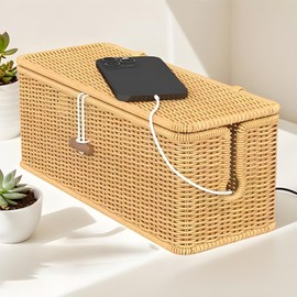 Cable Box - Home Woven Imitation Rattan Cable Box - Lockable Power Strip Storage Basket Household Decoration for Living Room, Bedroom, Study Room