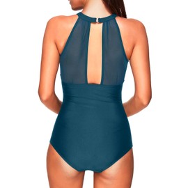 Women One Piece High Neck V-Neckline Mesh Ruched Monokini Swimwear