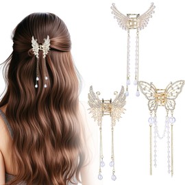 Pack of 3 Butterfly Hair Clips Gold Metal with Fringes and Pearls Butterfly Hair Clip Gold Rhinestone Hair Clip for Women Girls