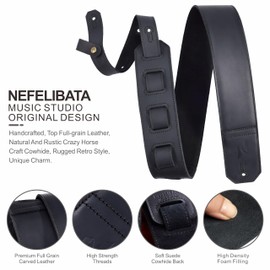Nefelibata Guitar Strap, 2.3-Inch Wide Full Grain Leather Guitar Straps with Soft Padding for Bass, Electric and Acoustic Guitar (Black)